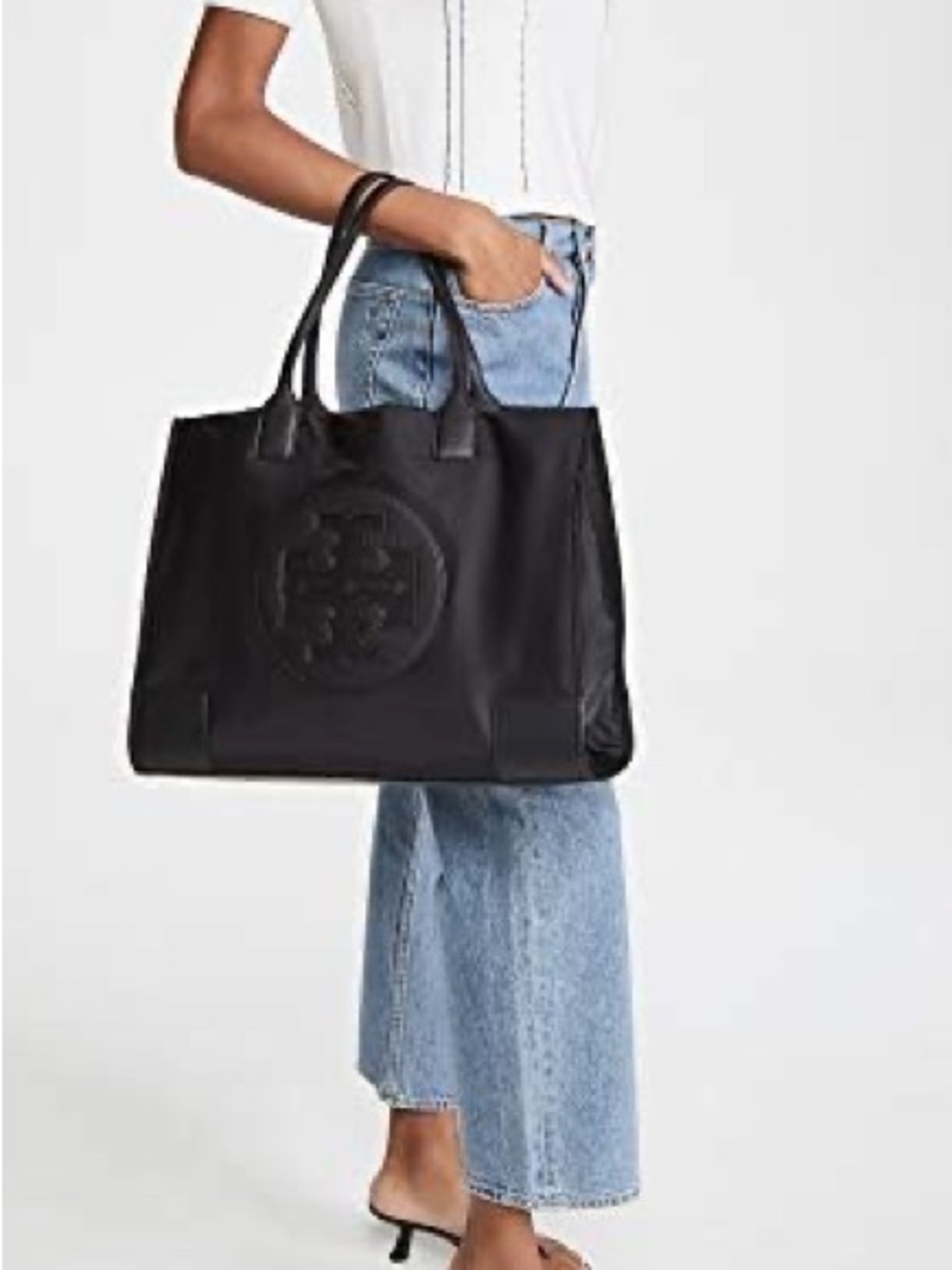 Tory Burch Black Leather Logo Tote D24